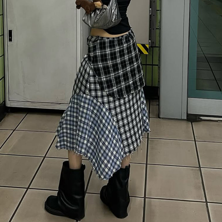 Women Asymmetric Midi Skirt in Checkered Patchwork with Waist Ties Mune Fashion
