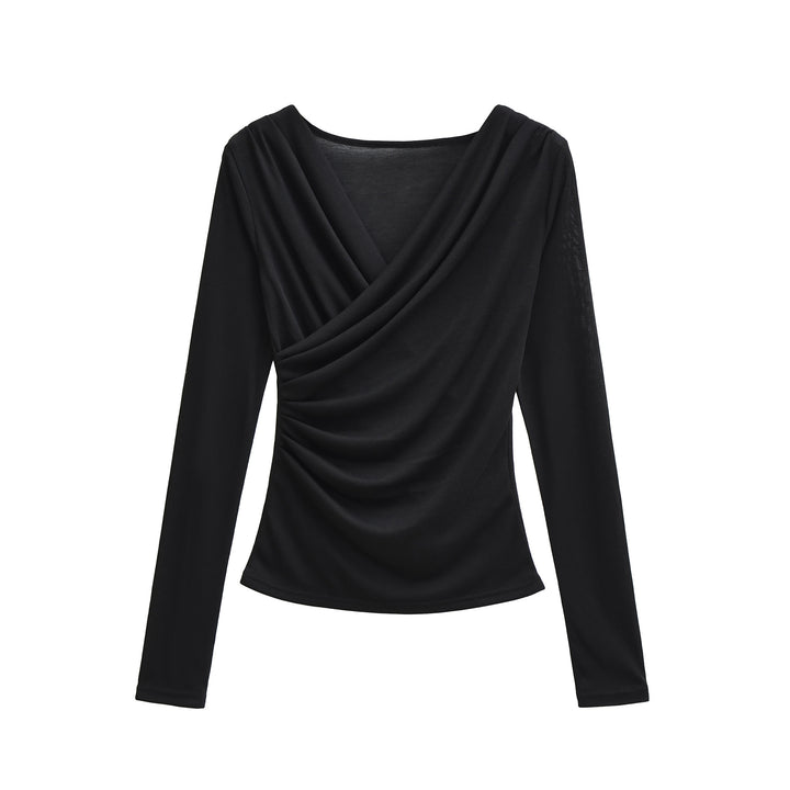 Women's Draped Long Sleeve with V-Neck and Side Gathering Mune Fashion