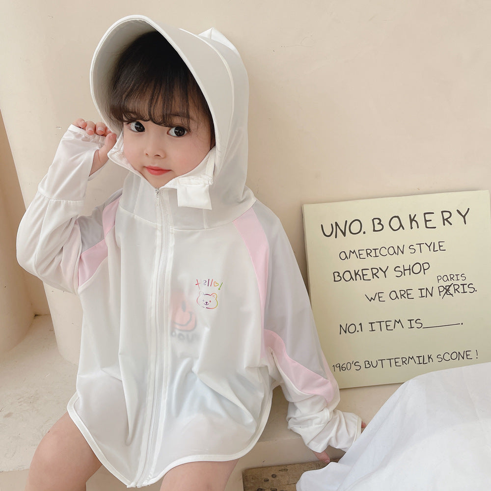 Unisex nan ultralight children's sun protection jacket with hood, zipper, mesh lining, and bear embroidery Mune Fashion
