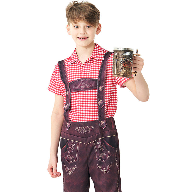 Women nan traditional Trachten lederhosen with adjustable straps and checked blouse set Mune Fashion