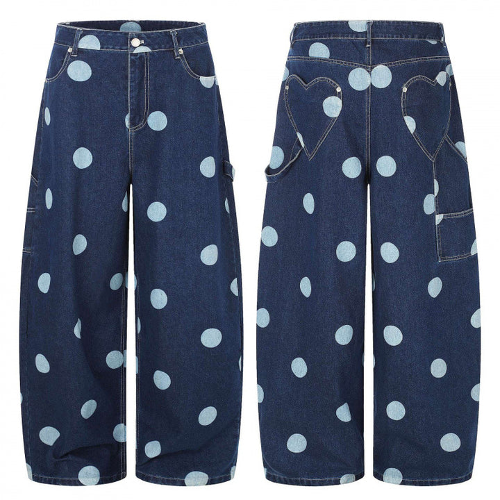 Women's Wide Cropped Jeans with High Waist, Polka Dot Print and Carpenter Details Mune Fashion