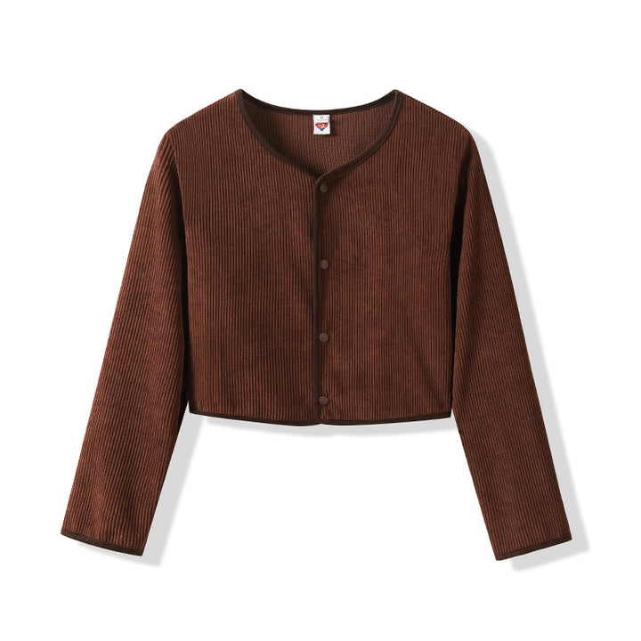 Women Cropped Round Neck Cardigan with Press Buttons made of Ribbed Knit Mune Fashion