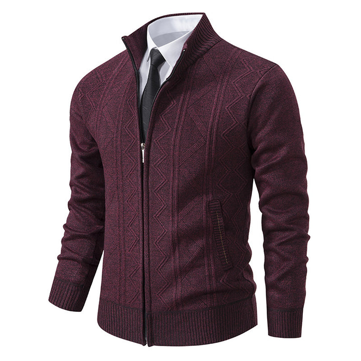 Men's Structured Fine Knit Zip Cardigan with Stand-Up Collar and Geometric Cable Pattern Mune Fashion