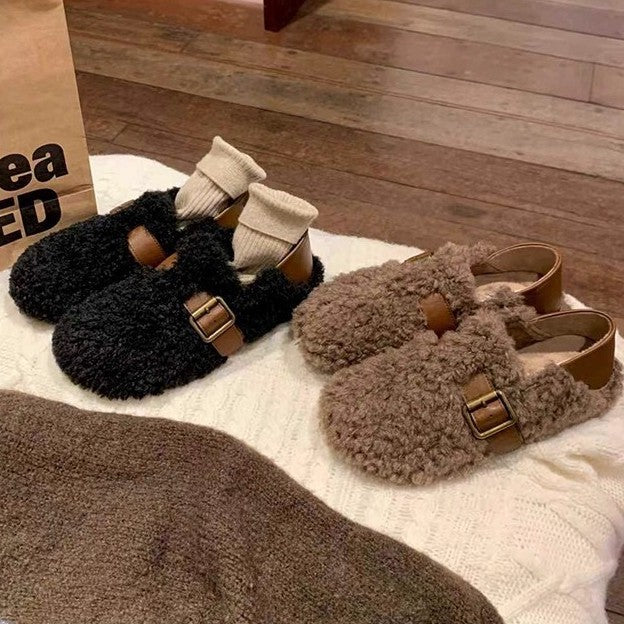 Women's Insulated Teddy-Fleece Mules with Adjustable Metal Buckle and Heel Strap Mune Fashion