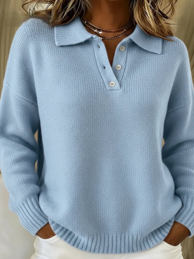 Women's cozy polo collar sweater with short button placket and ribbed cuffs Mune Fashion