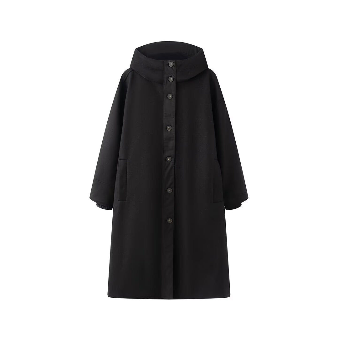 Women's Oversize Wool-like Coat with Hood and Button Placket Mune Fashion