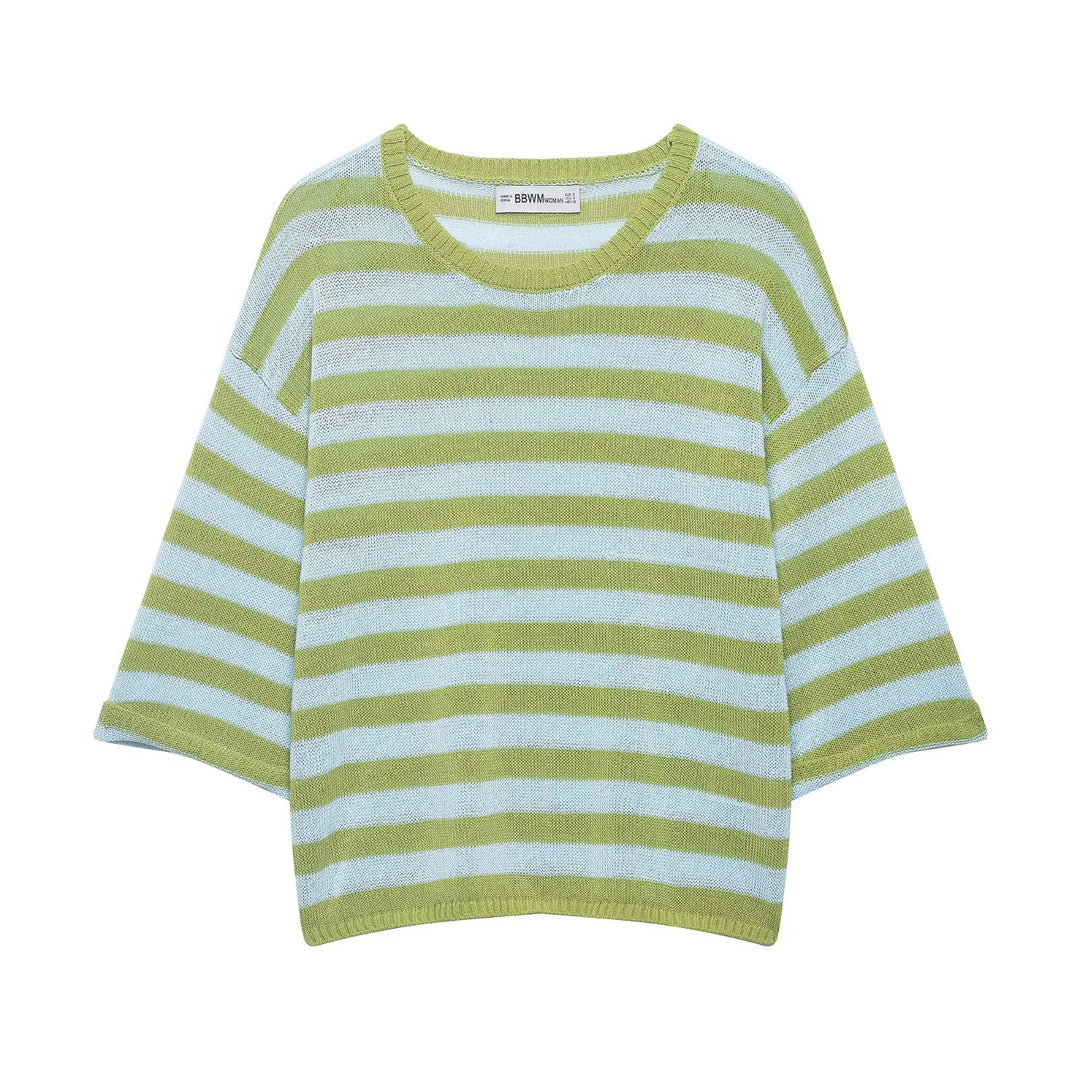 Women's Light Striped Boxy Short Sweater with Dropped Sleeves Mune Fashion