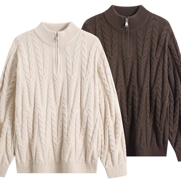 Men's chunky knit half-zip sweater in oversized cable knit pattern with high ribbed collar Mune Fashion