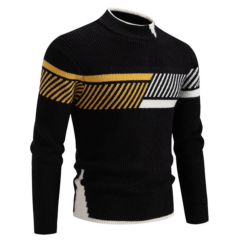 Men's fine ribbed knitted pullover with stand-up collar and contrast block design Mune Fashion