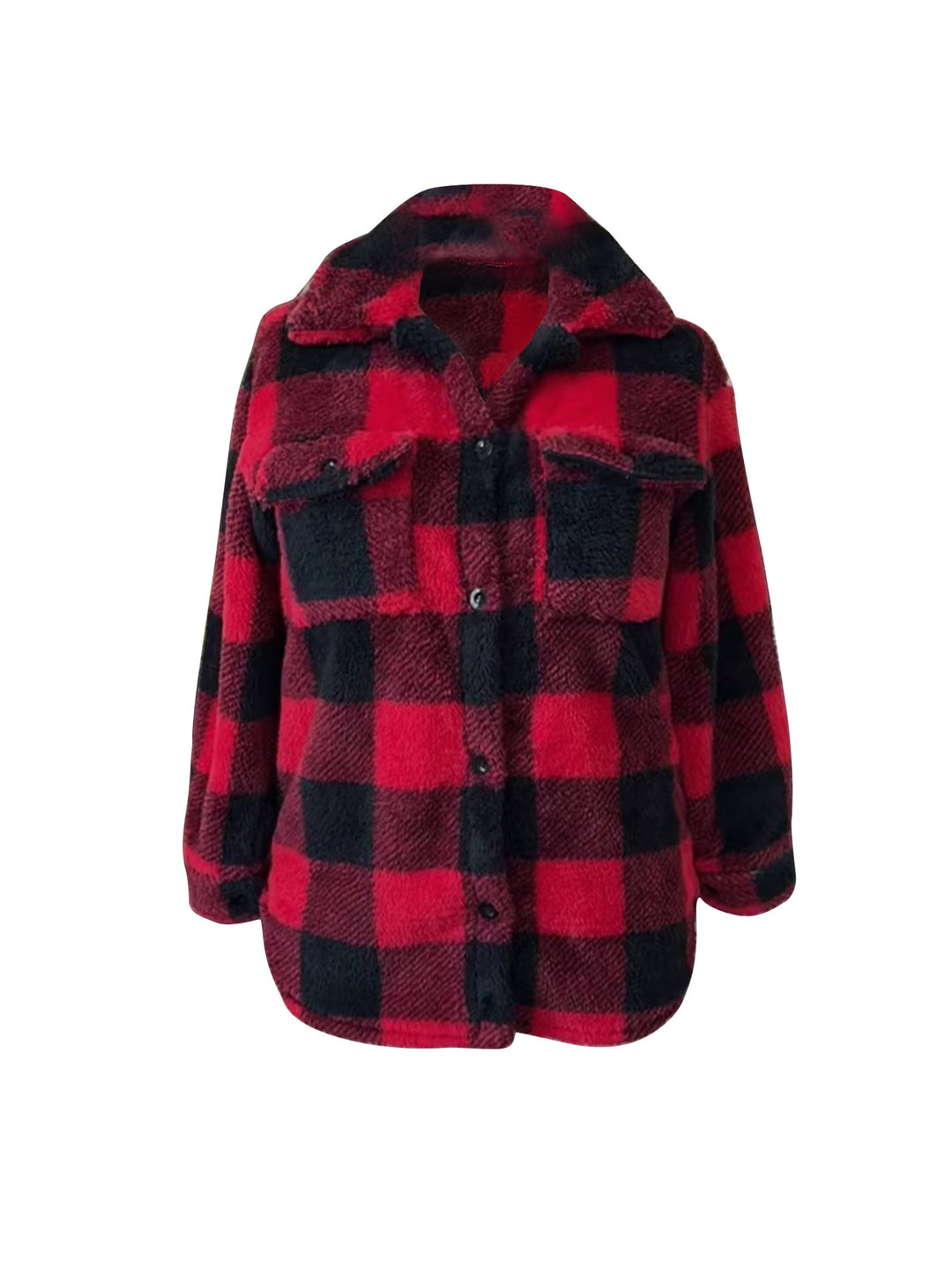 Women's Oversized Teddy Shirt Jacket with Check Pattern Mune Fashion