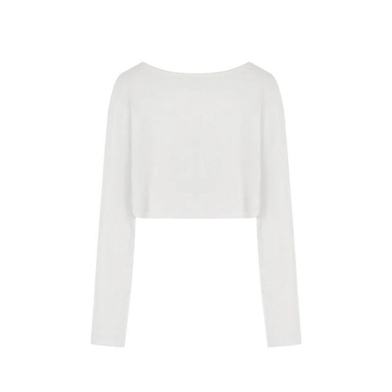 Ladies short cut long sleeve crop top with wide round neck