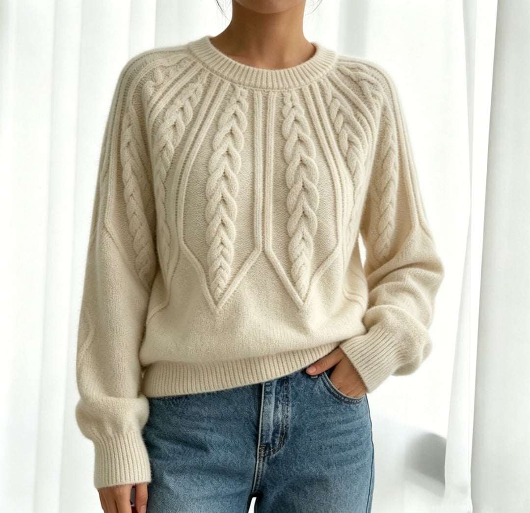 Women short-cut chunky knit cable sweater with balloon sleeves Mune Fashion