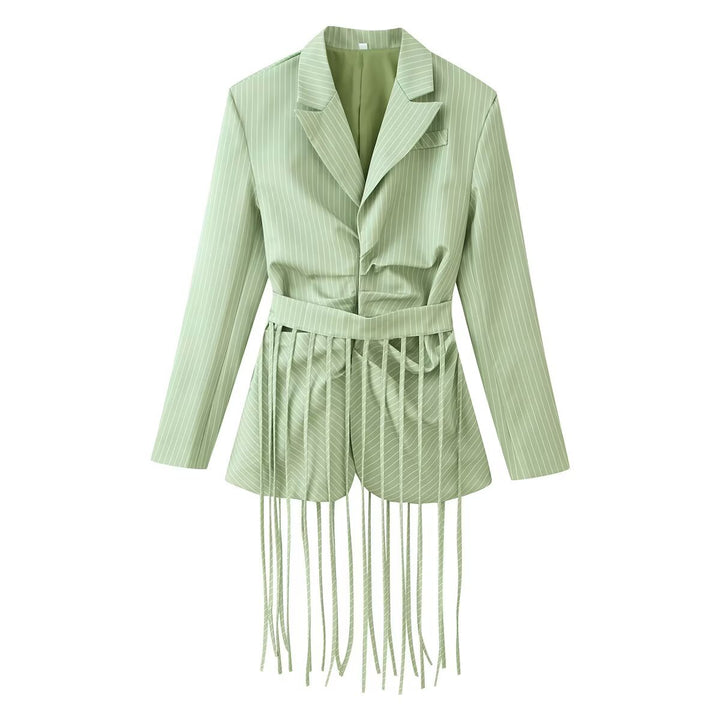 Ladies 20+ tailored blazer with fringe detail and pinstripes Mune Fashion