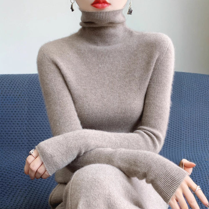 Women's Slim Roll Neck Sweater made of Cashmere Mix with Extra Long Sleeve Cuffs Mune Fashion