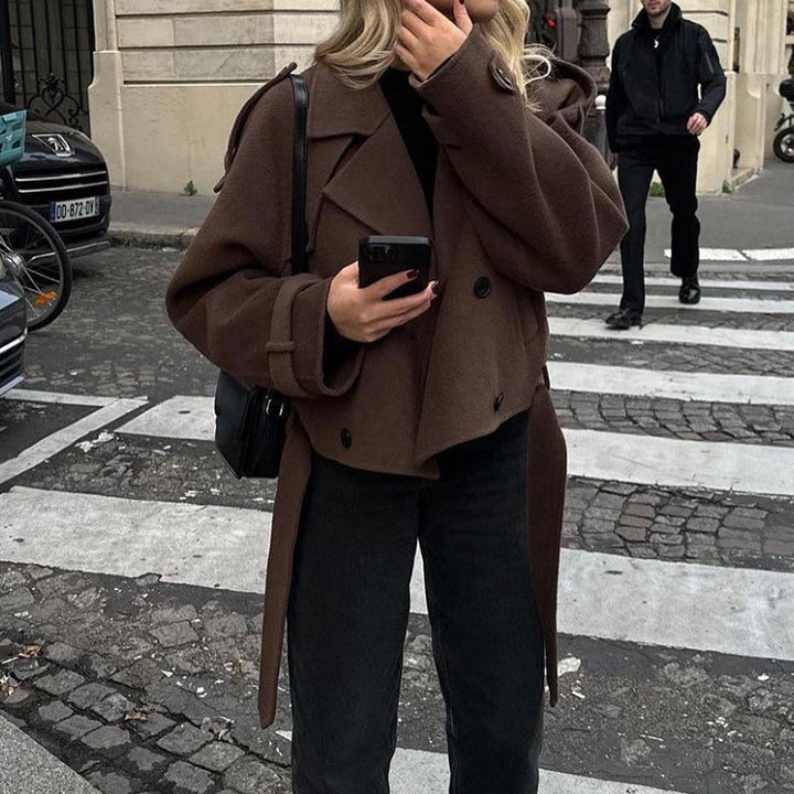 Women Short Oversized Wool Coat with Large Lapel Collar and Waist Belt Mune Fashion