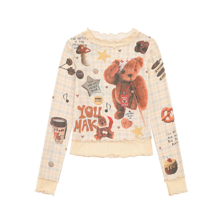 Women's Long Sleeve Mesh Top with Teddy Print and Layered Look Mune Fashion