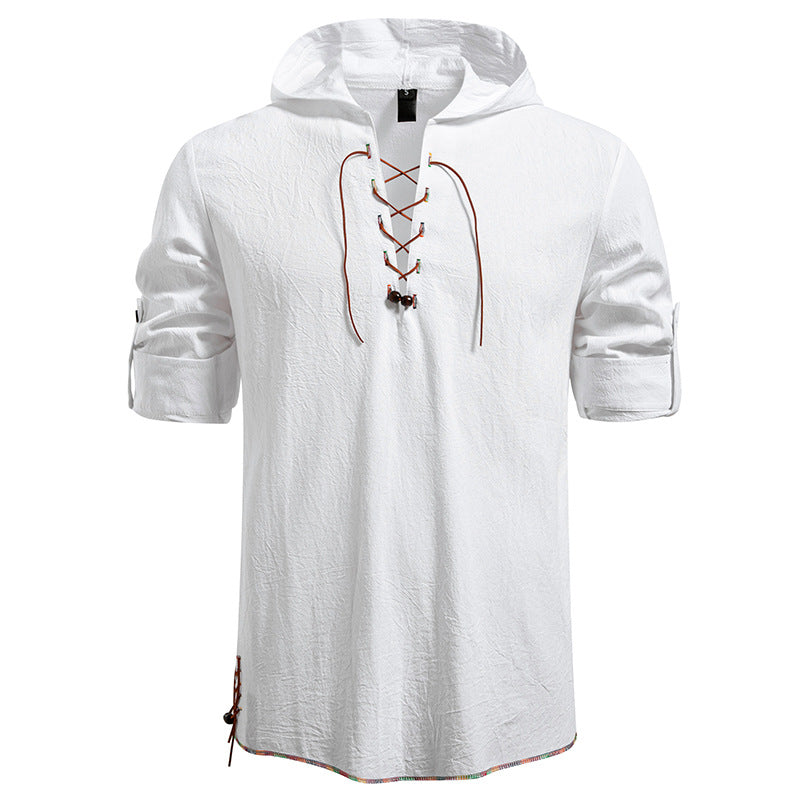 Men's Lightweight Hoodie Shirt with Decorative Lacing, Short Sleeve and Longline Cut Mune Fashion
