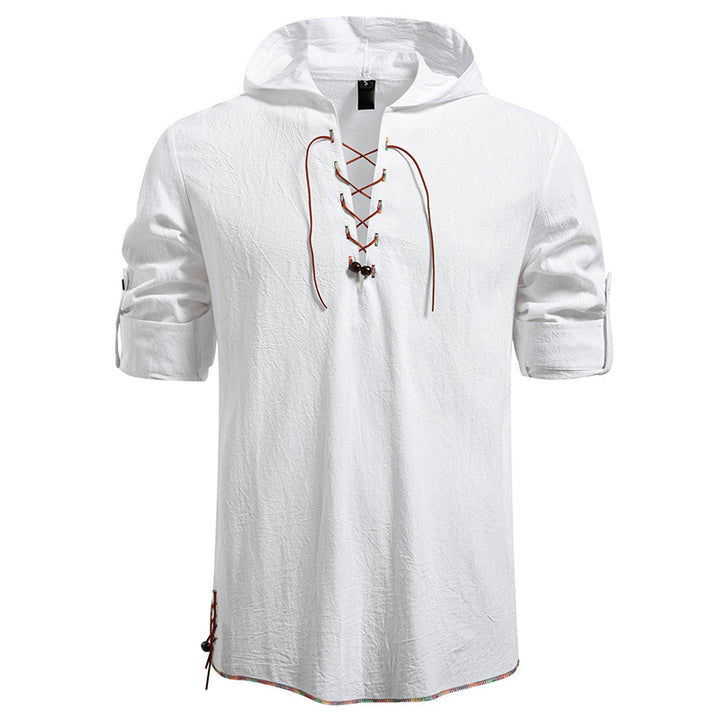 Men's Lightweight Hoodie Shirt with Decorative Lacing, Short Sleeve and Longline Cut Mune Fashion