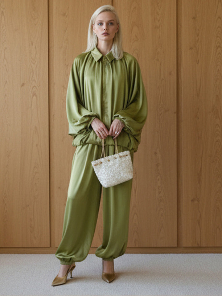 Women Elegant Satin Two-Piece Set with Oversize Blouse and Wide Palazzo Pants Mune Fashion