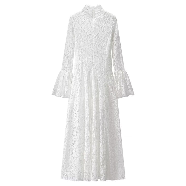 Women’s maxi dress made of floral lace with a high stand-up collar and bell sleeves Mune Fashion