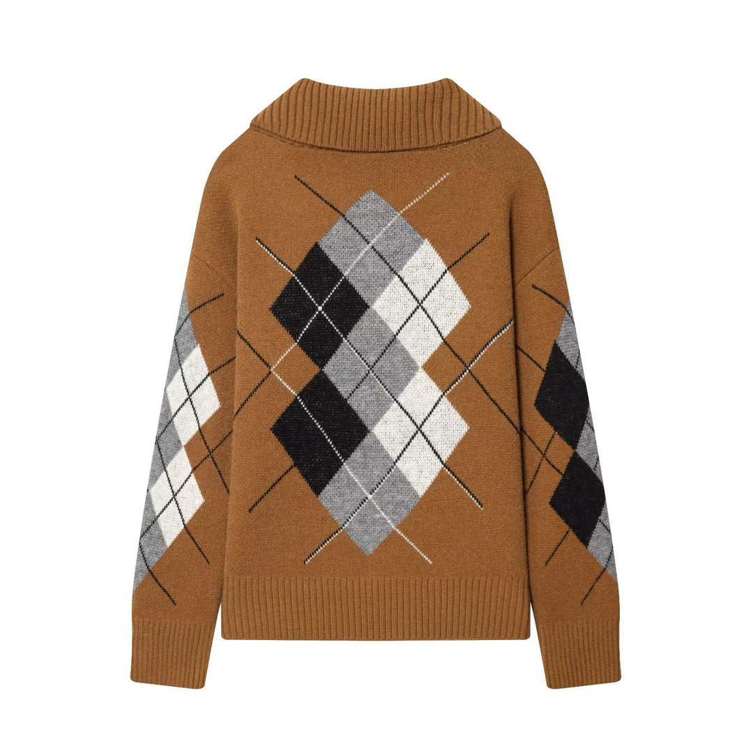 Women’s Oversized Knit Sweater with Diamond Pattern and Turtleneck Mune Fashion