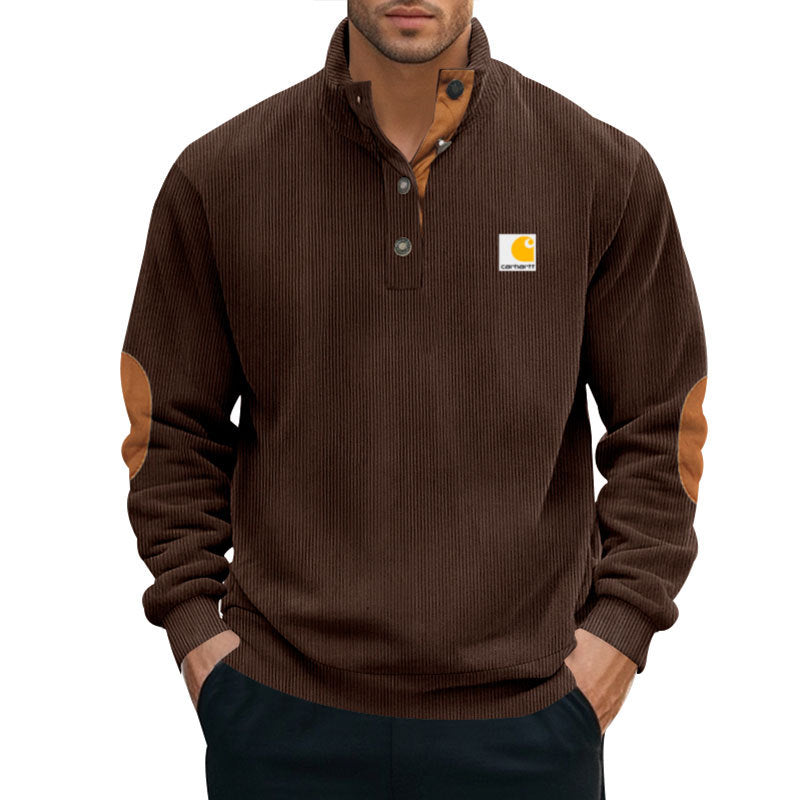 Men's knitted pullover in Troyer style with stand-up collar leather trim snap button placket and elbow patches Mune Fashion
