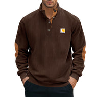 Men's knitted pullover in Troyer style with stand-up collar leather trim snap button placket and elbow patches Mune Fashion