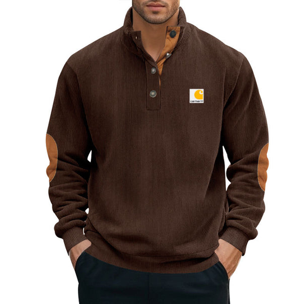 Men's knitted pullover in Troyer style with stand-up collar leather trim snap button placket and elbow patches Mune Fashion