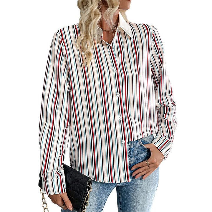Women Striped Shirt Blouse with Decorative Collar and Long Sleeve Cuffs Mune Fashion