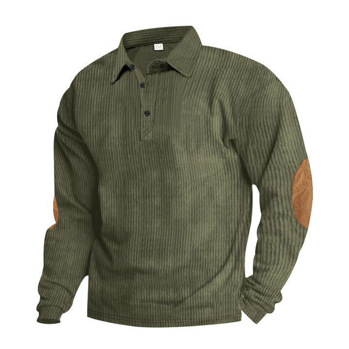 Men's heavy ribbed cotton polo sweater with Kent collar, triple button placket, and suede elbow patches Mune Fashion