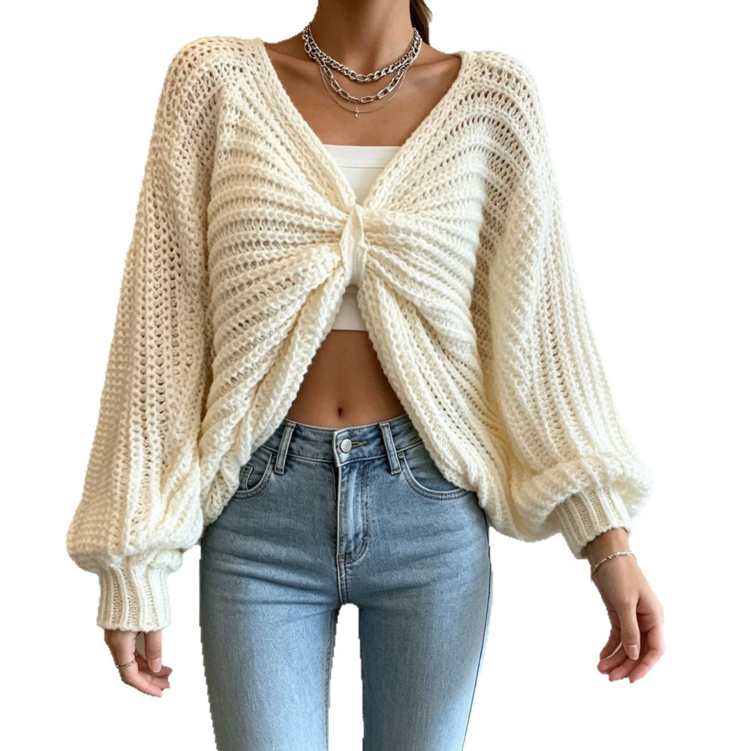 Women's Cropped Knit Cardigan with Knot Detail and Balloon Sleeves Mune Fashion