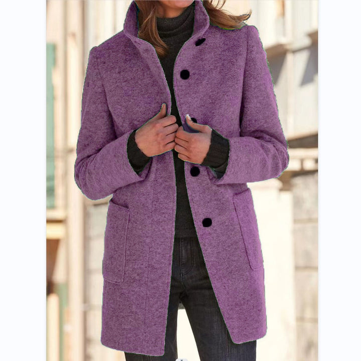 Women's Mid-Length Wool Blend Coat with Stand Collar and Patch Pockets Mune Fashion