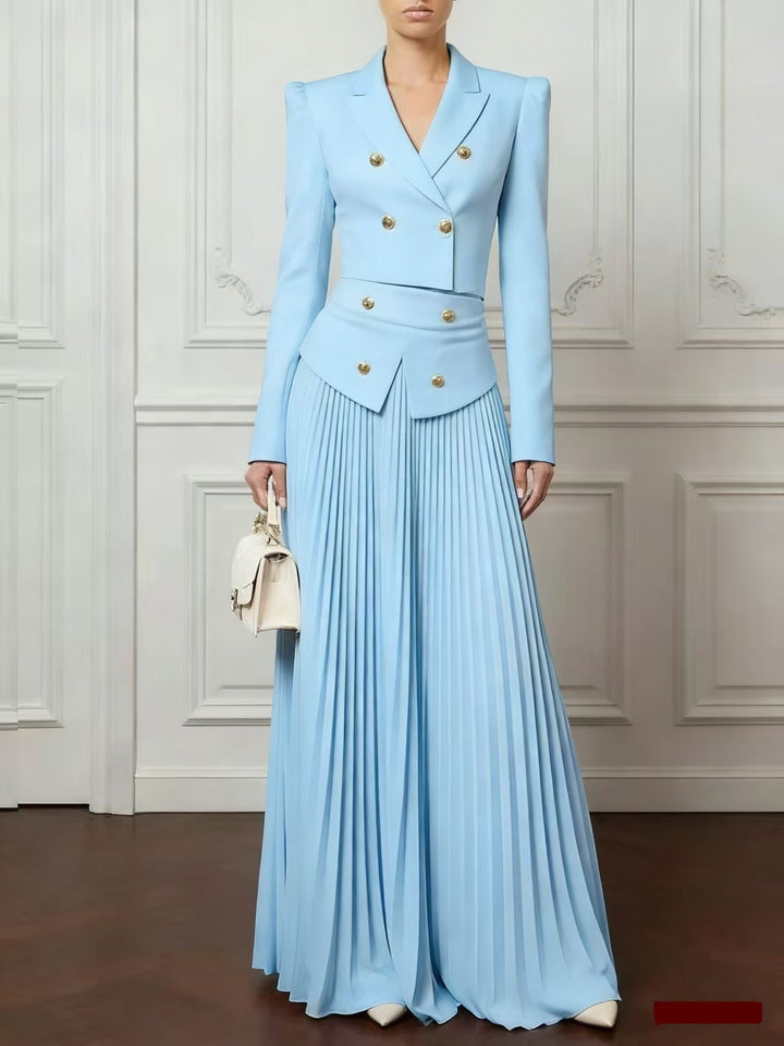Women Two-Piece Fitted Suit with Double-Breasted Blazer and Pleated Maxi Skirt Mune Fashion