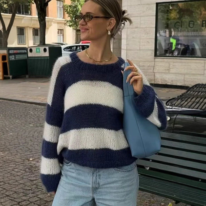 Women’s oversized knitted sweater with wide block stripes and round neck Mune Fashion