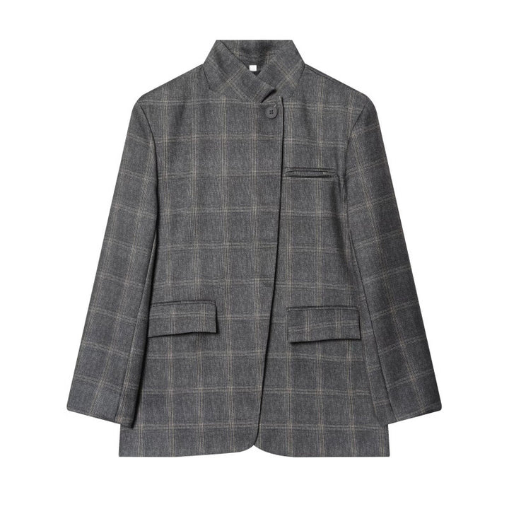 Women's tailored check blazer with stand-up collar, concealed button placket and flap pockets Mune Fashion