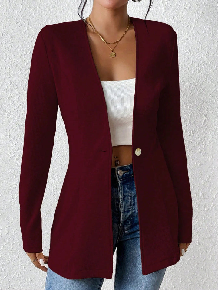 Women's Tailored Collarless Long Blazer with Single Button Closure Mune Fashion