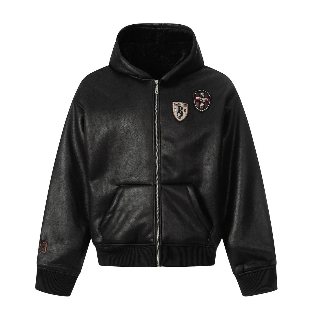 Men's hooded leather jacket with teddy lining and ribbed cuffs Mune Fashion