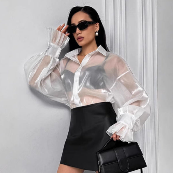 Women's Transparent Blouse with Voluminous Sleeves and Elegant Ruffle Details Mune