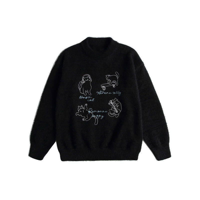Women's soft sweater with playful cat embroidery and slight standing collar Mune Fashion