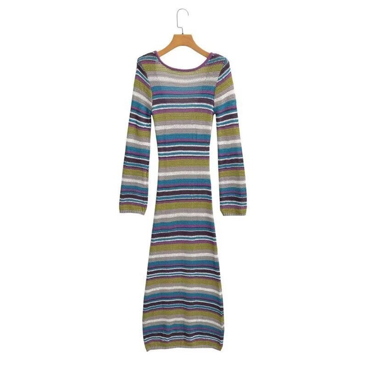 Women's Striped Ribbed Maxi Dress with Round Neckline and Figure-Hugging Silhouette Mune Fashion