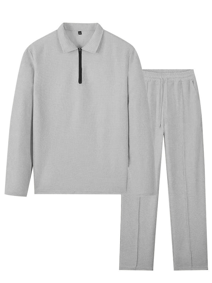 Unisex Nan Waffle Structure Leisure Set with Half-Zip Polo Shirt and Elastic Waist Pants Mune Fashion