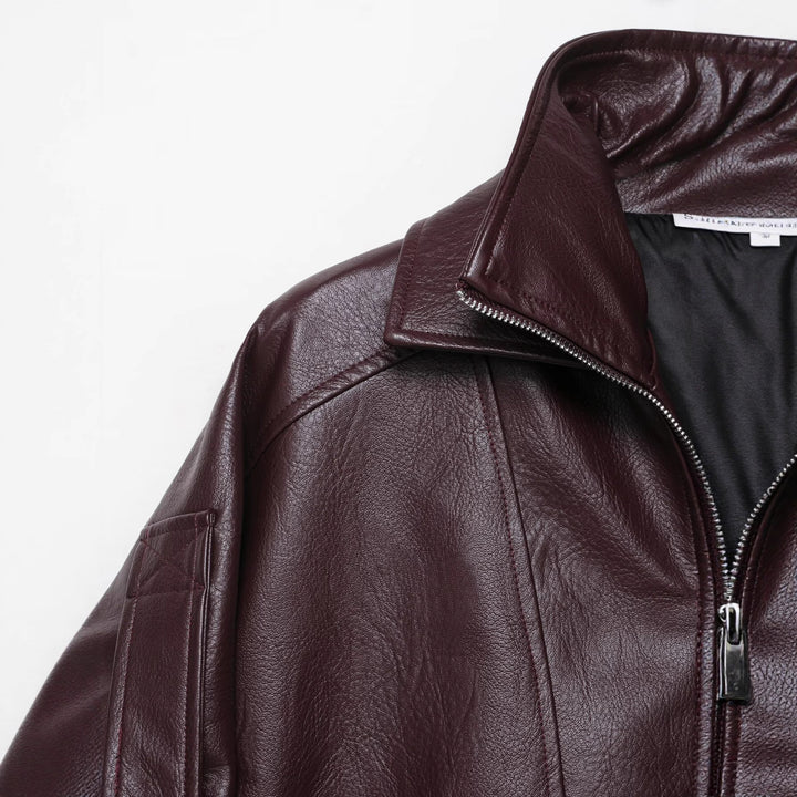 Women Oversized Leather Jacket in Bomber Style with Waist Belt Mune Fashion