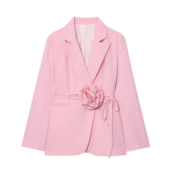 Women's Tailored Blazer with Decorative Rose Belt and Revers Collar Mune Fashion