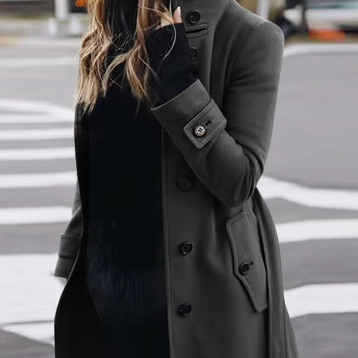 Women's Double-Breasted Trench Coat with High Standing Collar, Waist Belt and Cuff Detail Mune Fashion