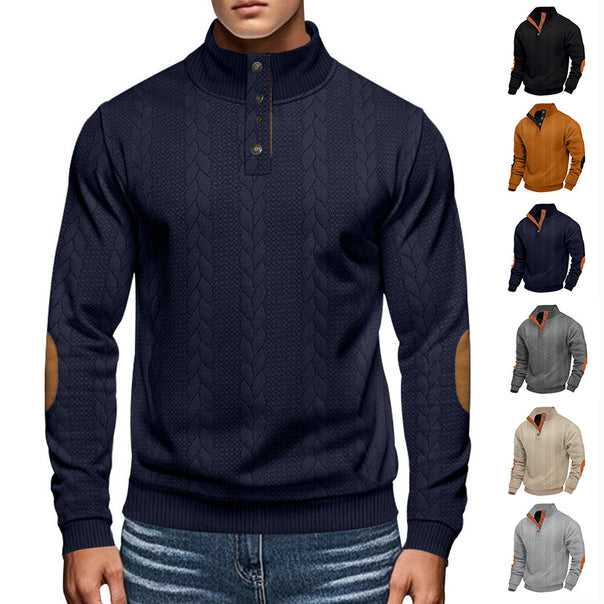 Men's cable knit sweater with stand-up collar, half placket and elbow patches Mune Fashion