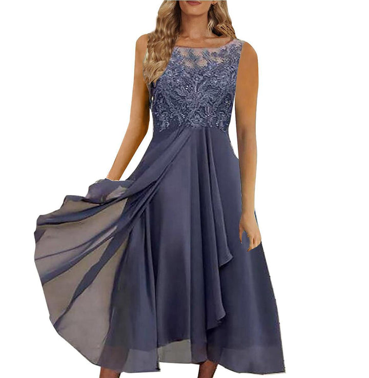 Women's sleeveless chiffon midi dress with embroidered illusion lace, boat neckline, and multilayer flared skirt Mune Fashion