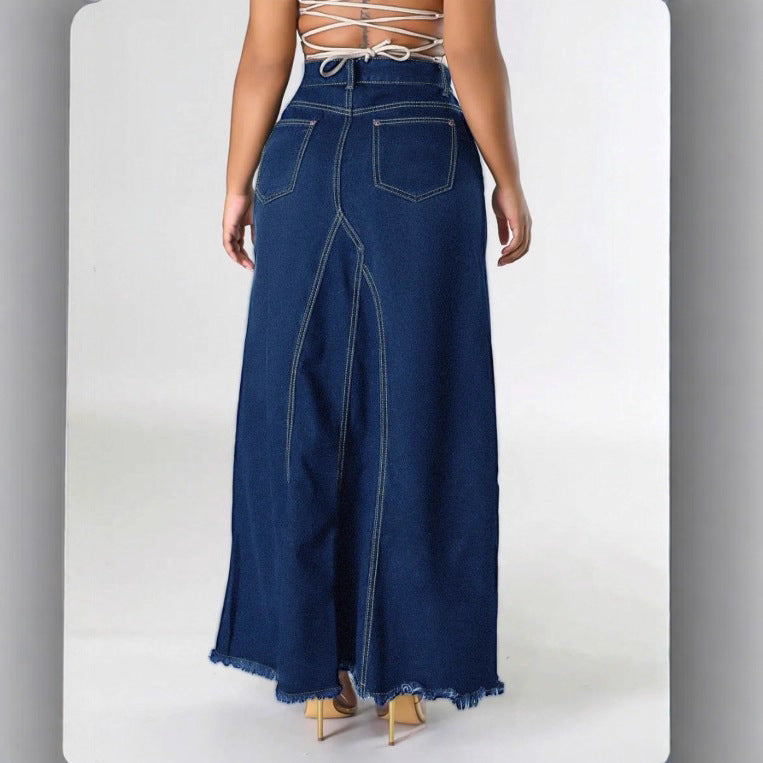 Women’s high-waisted A-line denim maxi skirt with decorative seams and raw fringe hem Mune Fashion