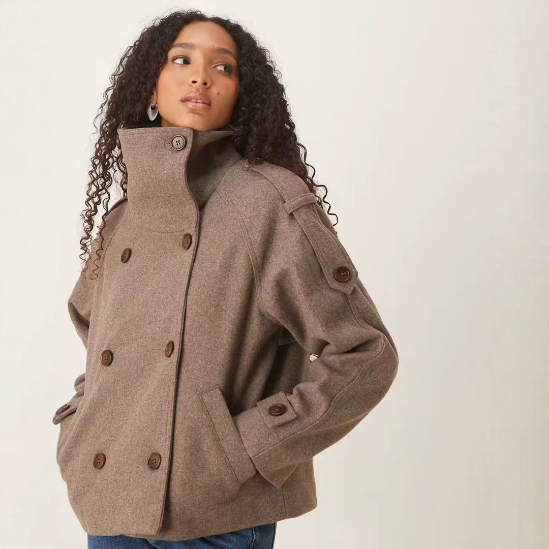 Women's Short Double-Breasted Wool Peacoat with Stand-Up Collar Mune Fashion