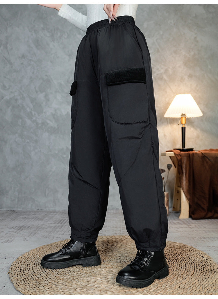 Women's Quilted Thermal Cargo Pants with Elastic Waistband and Cuff Mune Fashion