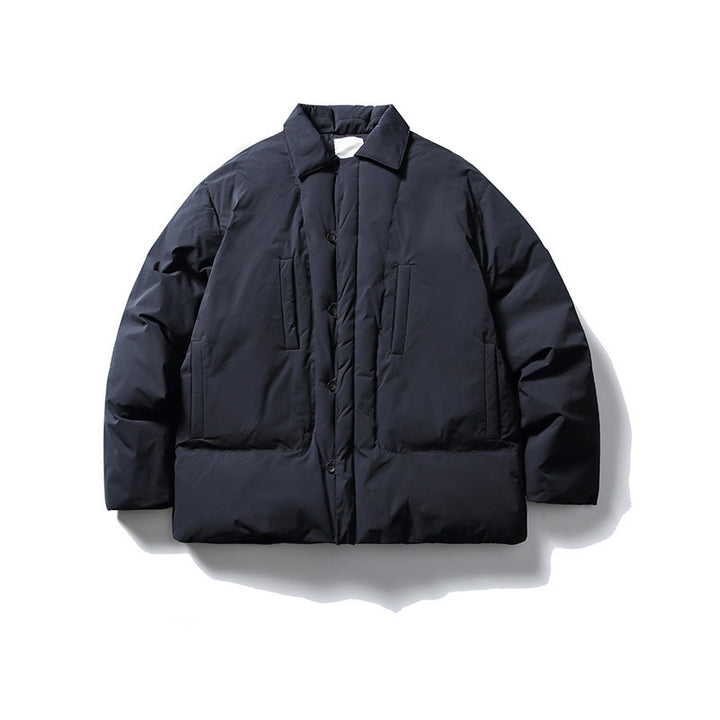 Men's short-cut thermo puffer jacket in boxy cut with shirt collar and concealed snap button placket Mune Fashion